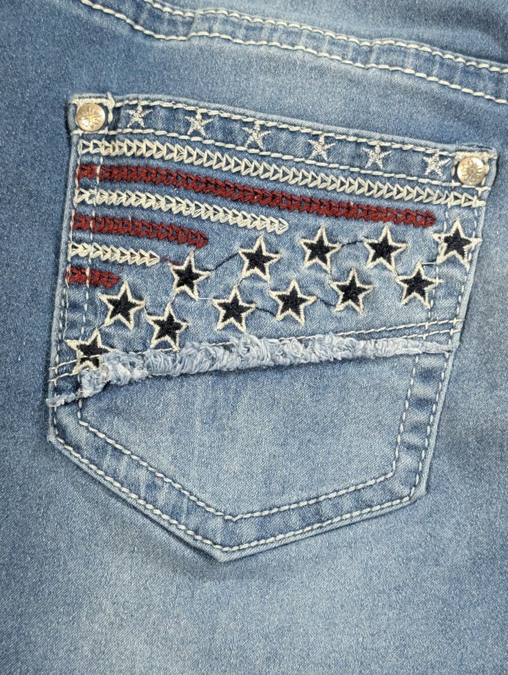 Love Indigo Denim Jean Shorts American Flag Pocket Stretch Women's Size 8 - Picture 7 of 7